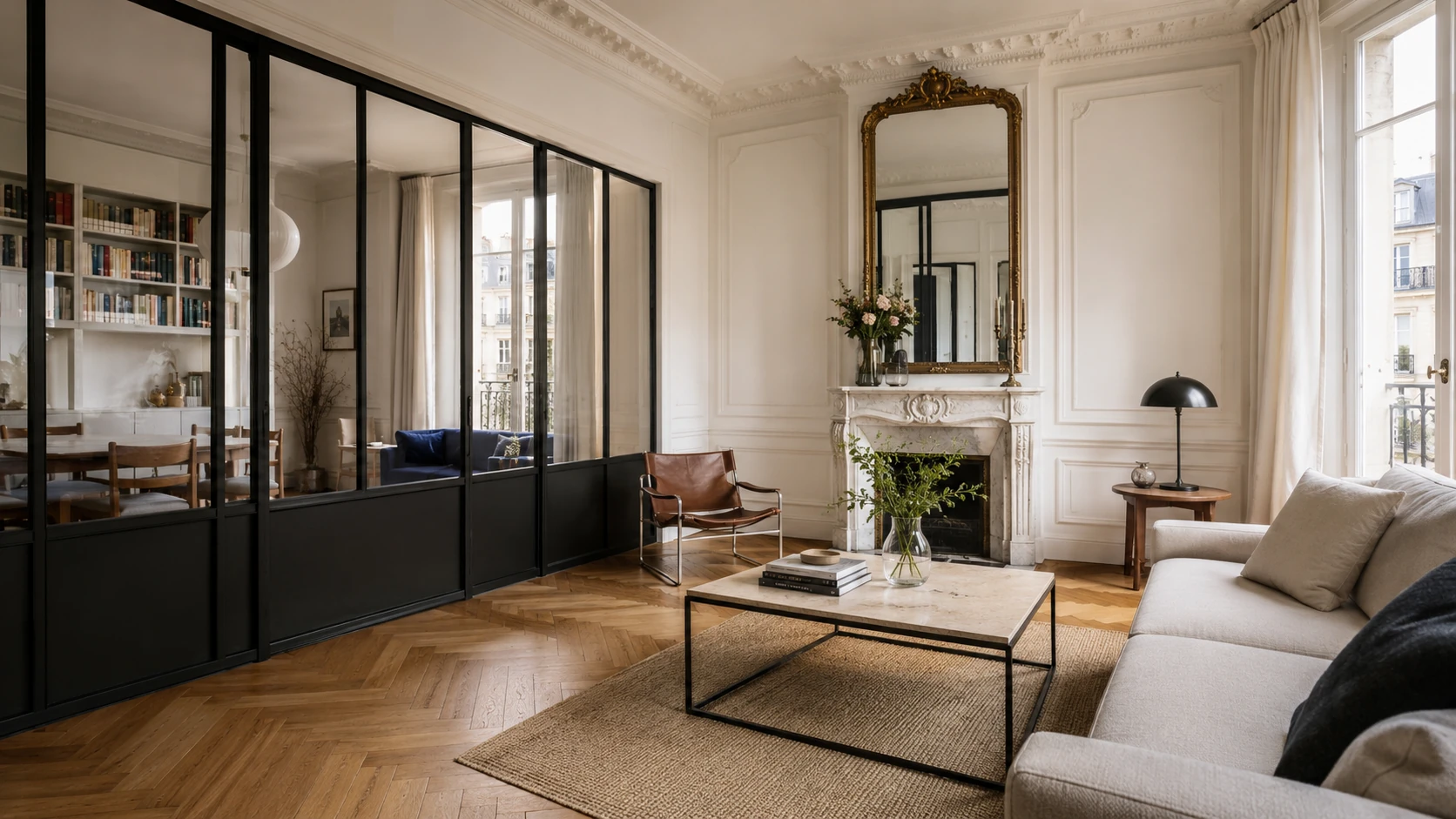 Salon haussmannien rénové avec moulures conservées, verrière d'atelier en acier noir et parquet traditionnel