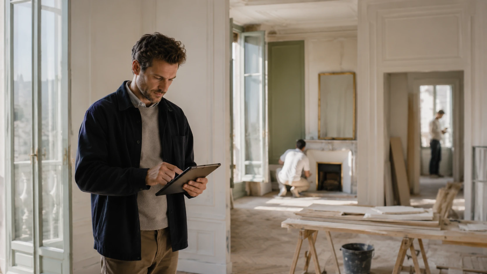 Professionnel avec une tablette lors du suivi d'un chantier de rénovation