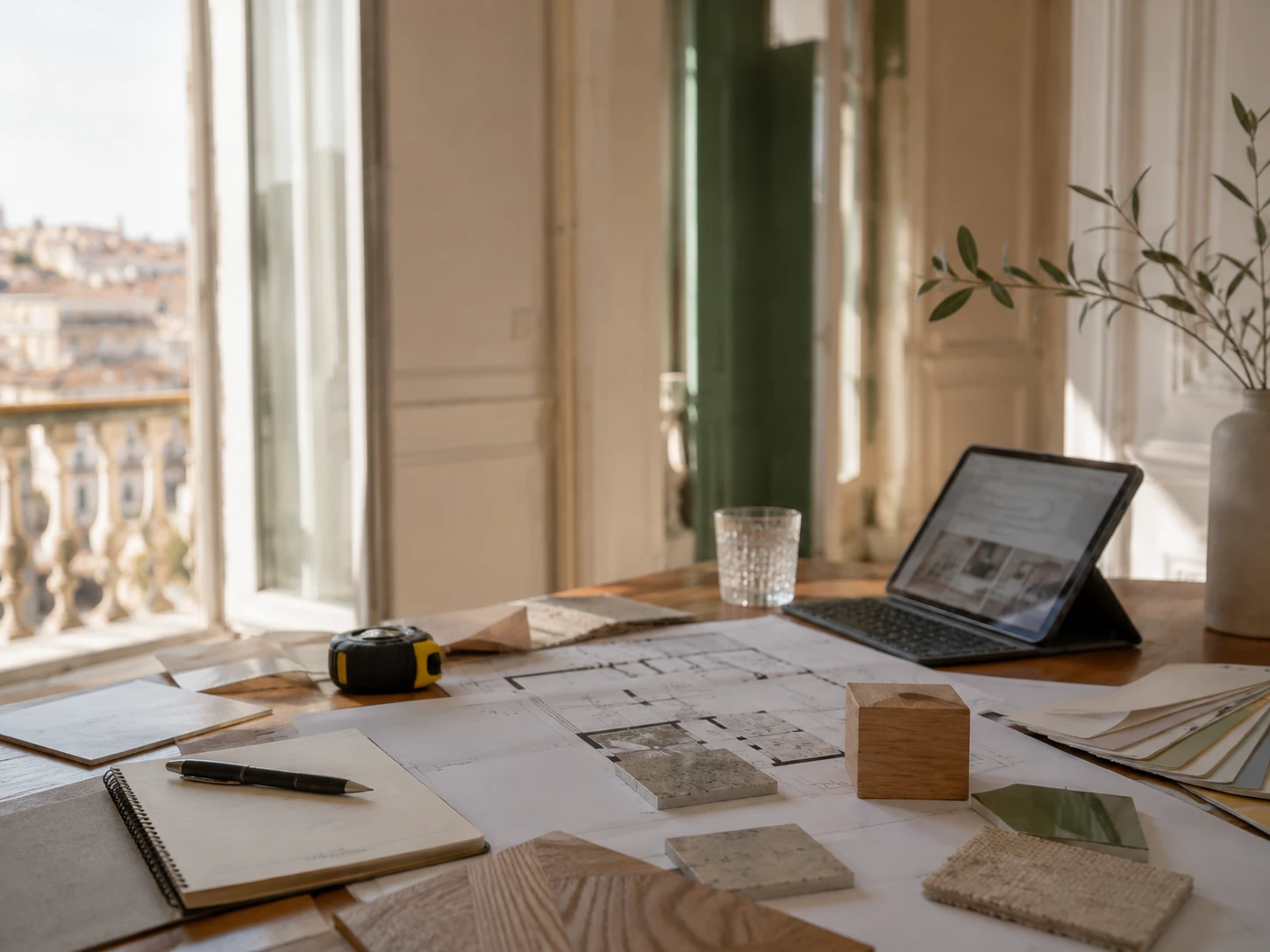 Table de travail avec plans, tablette et échantillons de matériaux pour l'étude d'un projet de rénovation