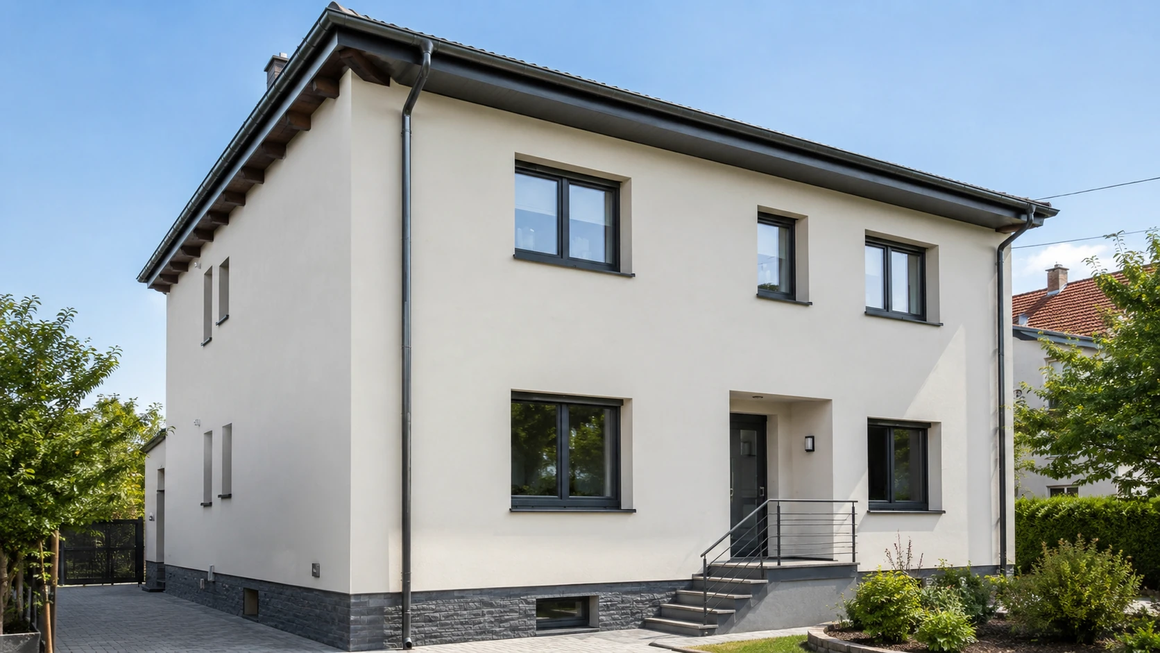Façade de maison rénovée avec isolation thermique extérieure et menuiseries anthracite modernes